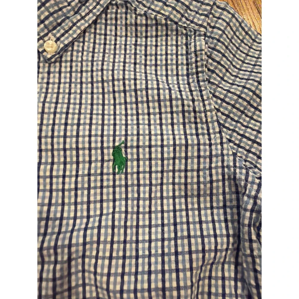 Ralph Lauren Boys Blue Gingham Short Sleeve Button Down Shirt Size 5 Cotton